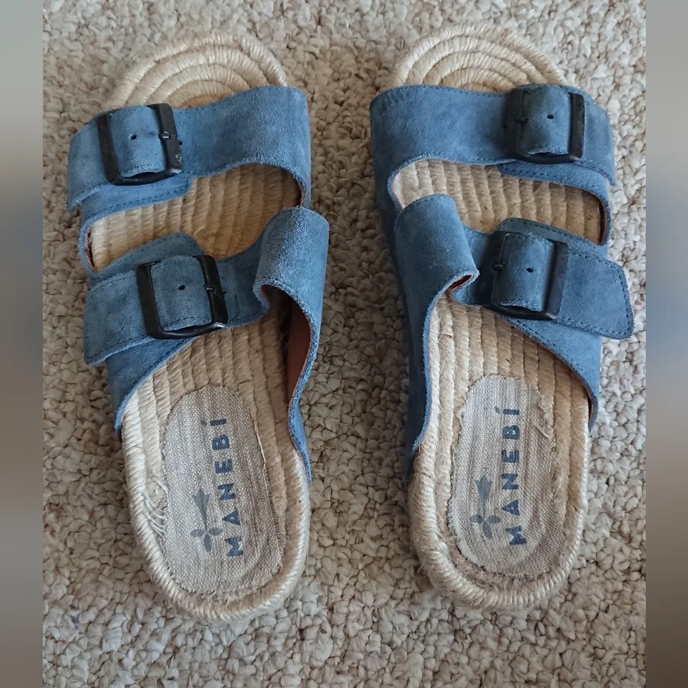 Manebi Nordic Espadrille blue suede Slides size 6.5